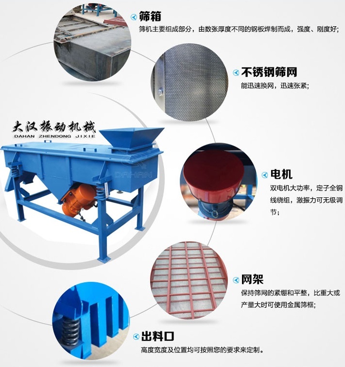 525型直線振動篩結構細節：篩箱：篩機主要組成部分，由數張厚度不同的鋼板焊制而成，強度，剛度好。不銹鋼篩網：能速換網，迅速張緊。電機：雙電機大功率，定子全銅線繞組，激振力可無級調節。網架：保持篩網的緊繃和平整，比重大或產量大時可使用金屬篩框。出料口：高度寬度及位置均可按照您的要求定制。