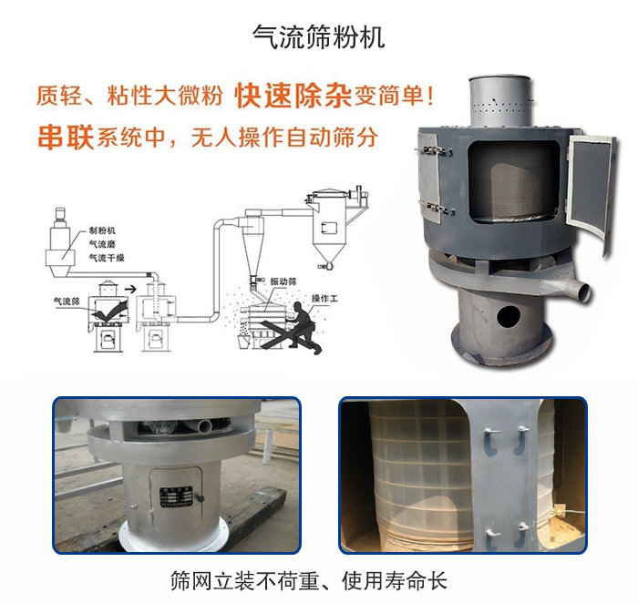 氣流篩粉機適用：質輕，粘性大微粉采用串聯系統重，無人操作自動篩分 特點：篩網立裝不負重，使用壽命長。